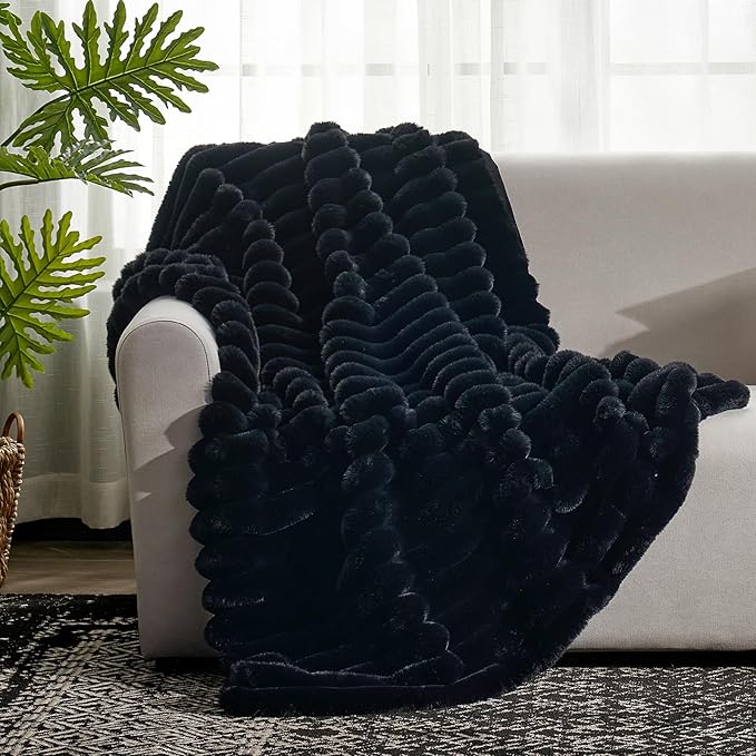 Cozy Bliss Faux Fur Throw Blanket for Couch, Cozy Warm Plush Striped Blanket for Sofa Bedroom Living Room,50 * 60 Inches Black