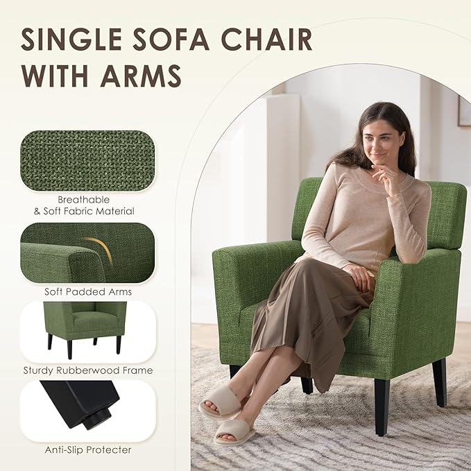 COLAMY Modern Accent Chair for Living Room, Upholstered Fabric Accent Armchair with Back, Soft Single Sofa Chair with Arms for Bedroom/Office/Reception Room, Green