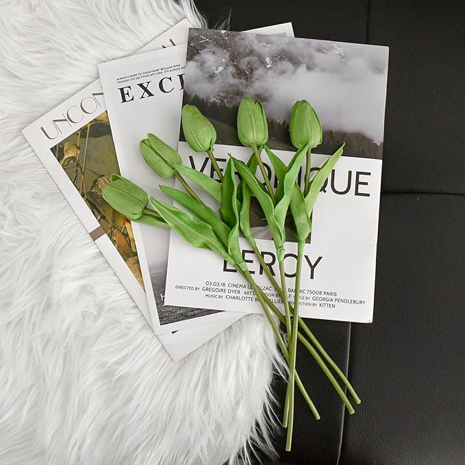 Mandy's Artificial Tulips 20 Stems Green PU Faux Flowers for Wedding Home Decor 13.5 Inch
