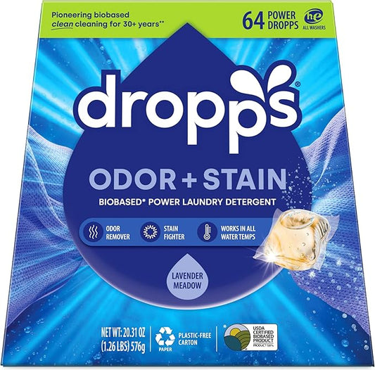 Dropps Odor & Stain Biobased Power Laundry Detergent Pods, Lavender Meadow (64 Count) - HE Compatible Laundry Pods for Fresh Clothes - Washing Detergent Soap Supplies & Recyclable Paperboard Packaging