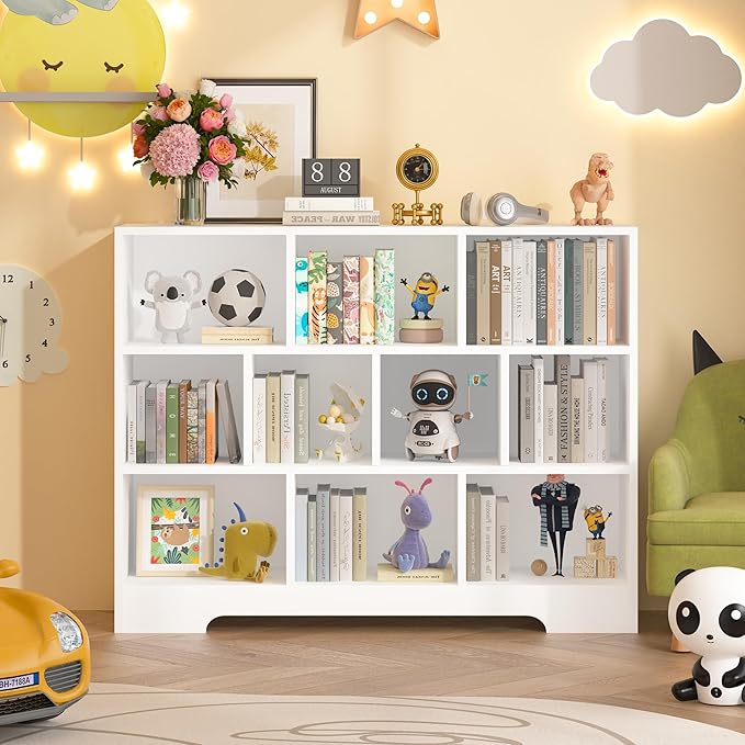 Book Shelf, 10 Cubes Storage Organizer, 3-Tier Open Shelf Wooden Bookcase, Freestanding White Bookshelf Cube Shelf for Bedroom, Living Room