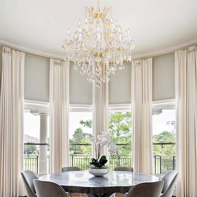 Crystal Chandelier for High Ceilings, Gold Chandelier, 15 Lights Modern Gold Crystal Chandeliers, Large Chandeliers for Staircase Foyer Entryway Living Room, 2 Layers