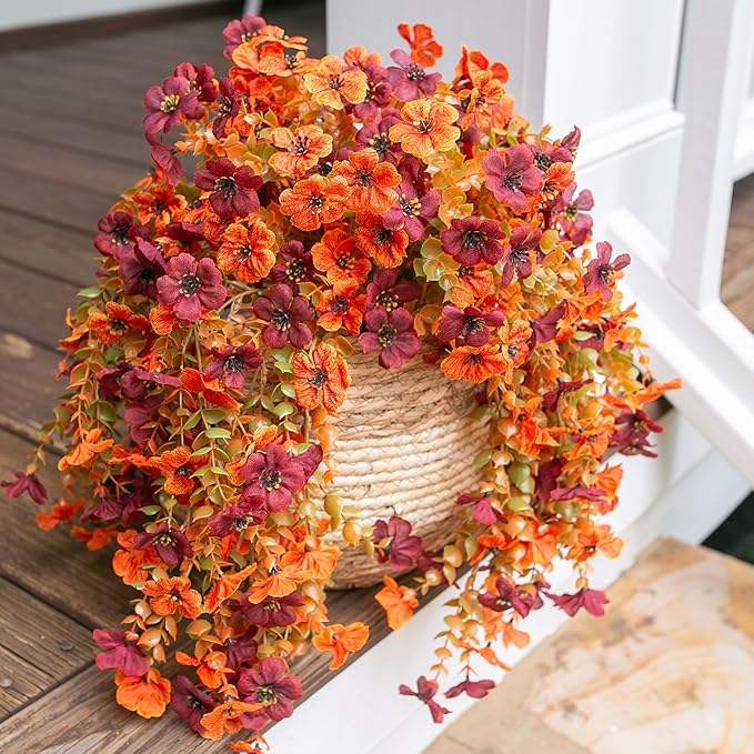 INSPRING Fake Autumn Flowers for Outdoors, 2Pcs Artificial Fall Light Orange & Brown Daisy Outside Decor, Fake Hanging Decoration, Realistic Plants, Silk Flower for Porch Patio Balcony Planter