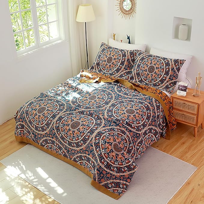 Boho Muslin Blanket for Adults 4-Layer Gauze 80 x 90 Inches Soft Cozy 100% Cotton Summer Cooling Blanket Circle Geometric Decor for Sofa Bed Coverlet Both Sides (A Luck Wheel, 80 x 90 in)