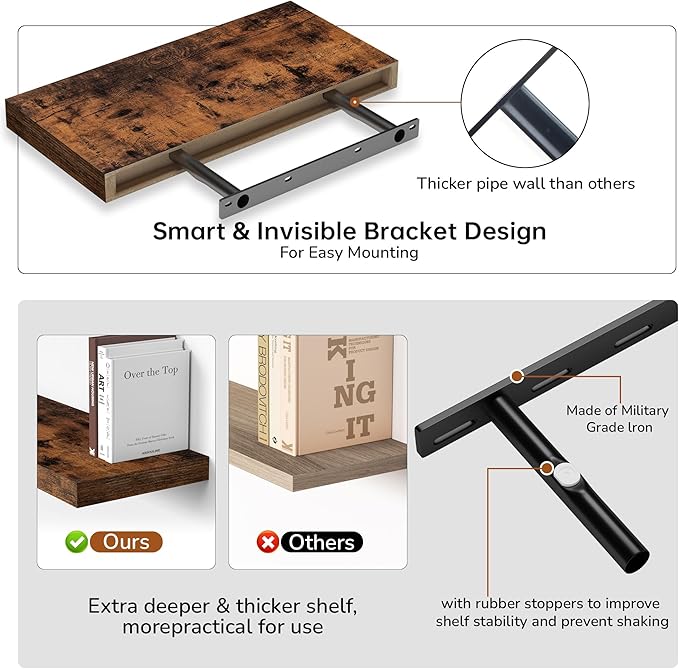 Fun Memories 16 Inch Floating Shelves - Deep Rustic Wooden Wall Shelves - Extra Deeper & Thicker Wall Mounted Storage Shelf for Bedroom, Kitchen, Farmhouse - 2 Pack, Rustic Brown