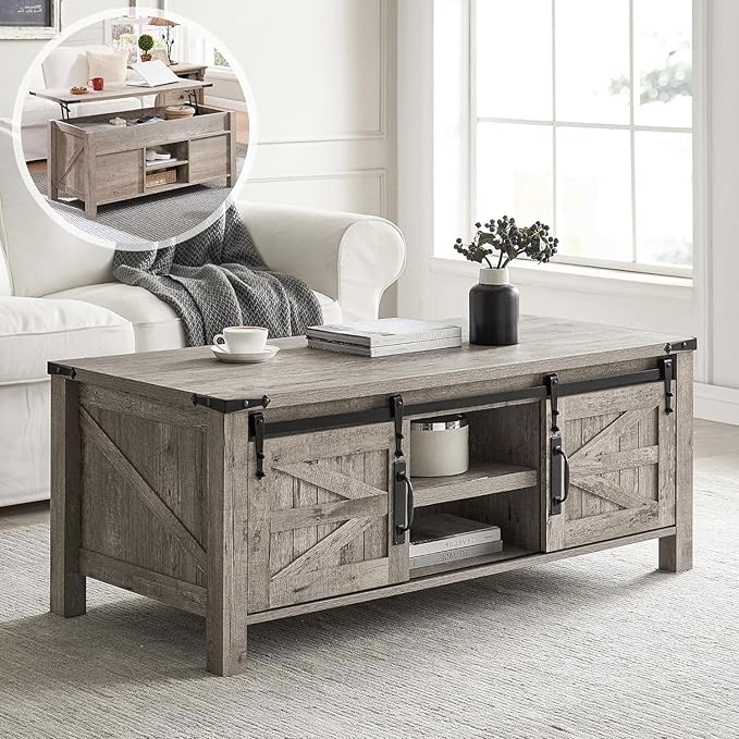 OKD 48" Farmhouse Lift Top Coffee Table with Sliding Barn Door, Rustic Center Table w/Hidden Storage Compartment, Lift Tabletop Dining Table w/Adjustable Shelf for Living Room,Light Rustic Oak