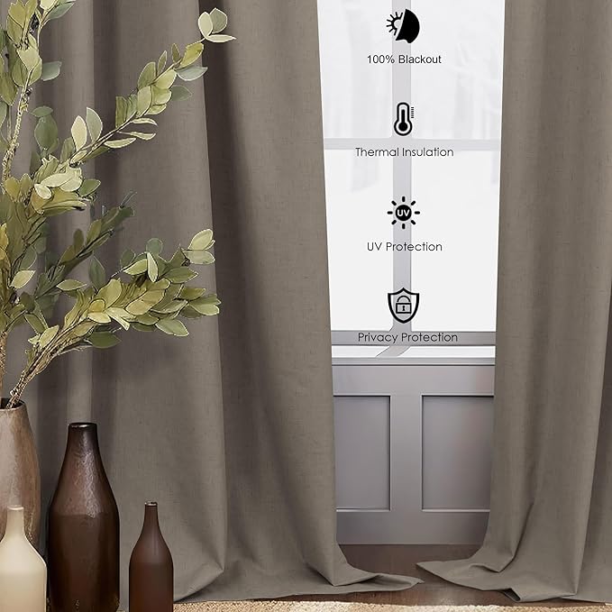 Brown Drapes 84 Inch Length 2 Panels Set Linen Long Curtains for Bedroom Windows Soundproof Energy Efficient Thermal Insulated Rustic Country Blackout Curtains for Living Room Pleated Back Tab Pocket