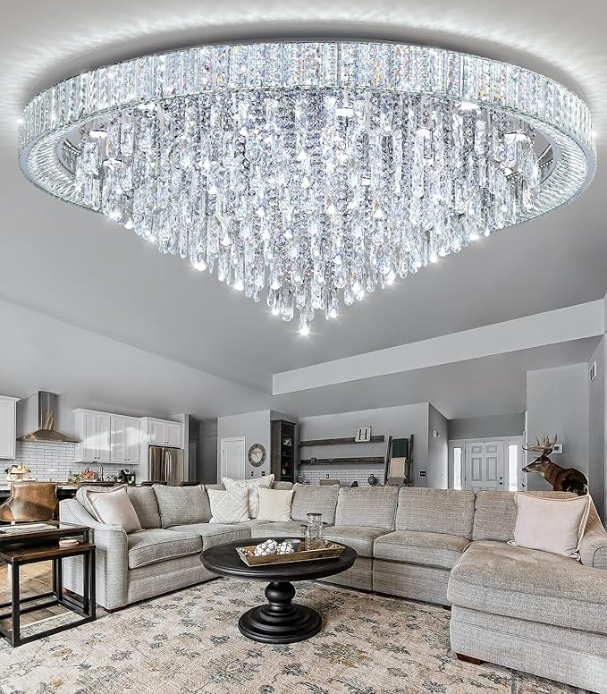 53.7'' Modern Chandeliers LED Dimmable Crystal Flush Mount Ceiling Chandeliers for Living Room High Ceiling Entrance Foyer Lobby Bedroom Silver