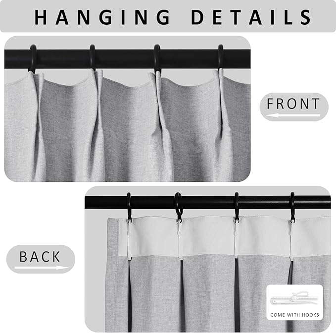 Macochico 100”Wx96”L Pinch Pleated 100% Blackout Linen Curtains Thermal Sliding Curtains for Bedroom Living Room Sliding Glass Door Farmhouse Shabby Chic Silver Grey Drapery with Tieback 1 Panel