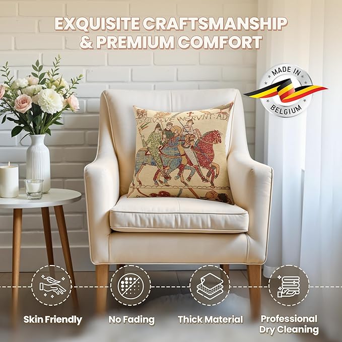 Charlotte Home Furnishings Bayeux Mont St. Michel Throw Pillow Cover 16" x 16" – Medieval Tapestry Cushion Case for Sofa, Couch, & Bed | Cotton Jacquard Woven in Europe | Insert Not Included