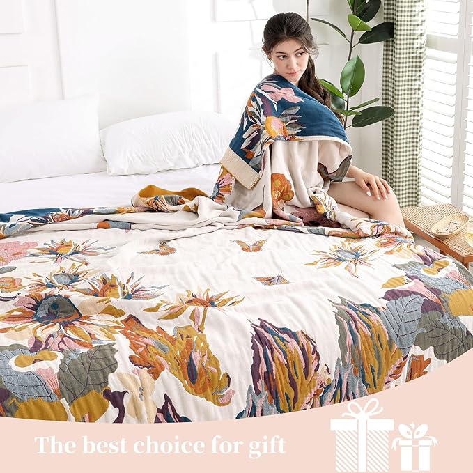 Boho Throw Blanket for Bed - 100% Pure Cotton Ultra Soft Rustic Quilt - Farmhouse Decor Bed Blankets, All Season Rustic Throw for Sofa Couch Chair(80''x 90'', Floral)