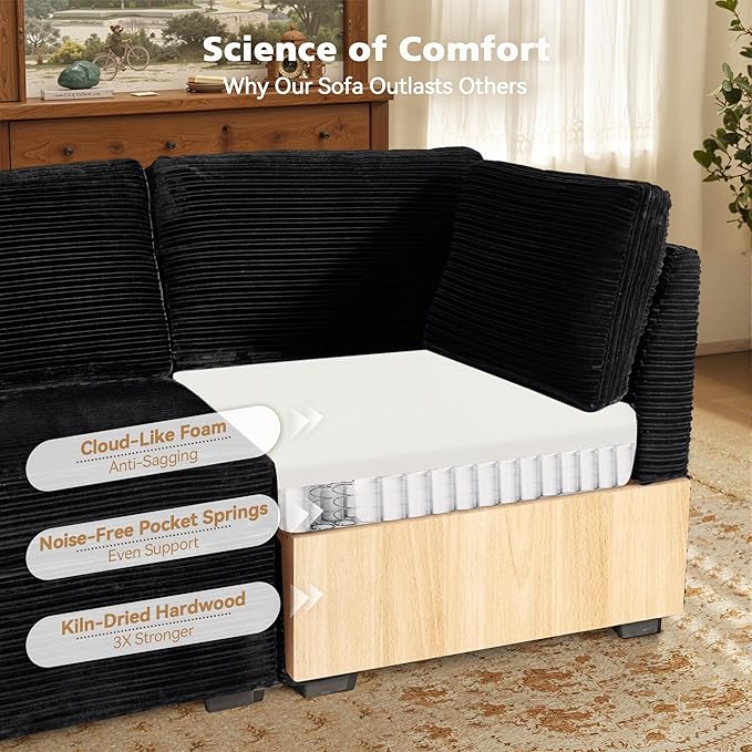 Modular Sectional Sofa, 130.7 Inch U Shaped Couch Set for Living Room, 4-Seater Comfy Cloud Couches with Two Movable Ottoman, Plush Corduroy, Black