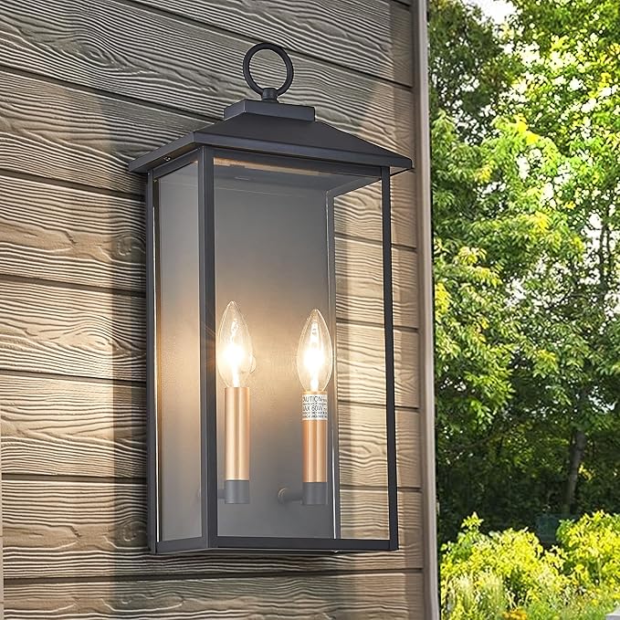 18 Inch Wall Light in Clear Glass and Textured Black and Golden Candle Cap Sleeve,Outdoor Lighting Wall Sconce,2-Light 120watts for House Doorway Garage,Bulb Not Included.
