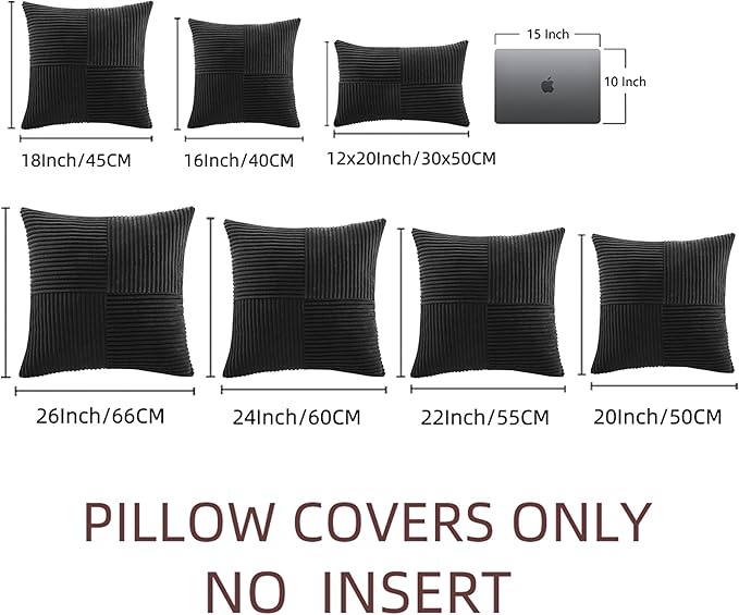 Fancy Homi 2 Packs Black Big Decorative Throw Pillow Covers 24x24 Inch for Couch Bed Sofa, Rustic Farmhouse Boho Home Decor, Soft Corss Corduroy Patchwork Accent Square Cushion Case 60x60 cm