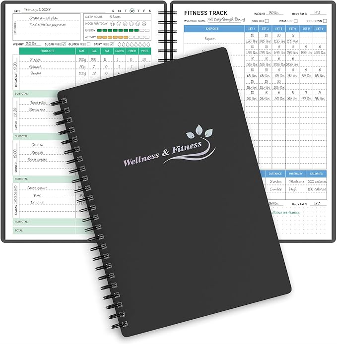 Wellness Planner & Fitness Log - Daily Diet & Health Journal with Weight Loss, Wellness Journal Notebook for Tracking Fitness, Sleep, Nutrition, Meal, Habits, A5(5.8 x 8.6 inch) (Black Silvery)