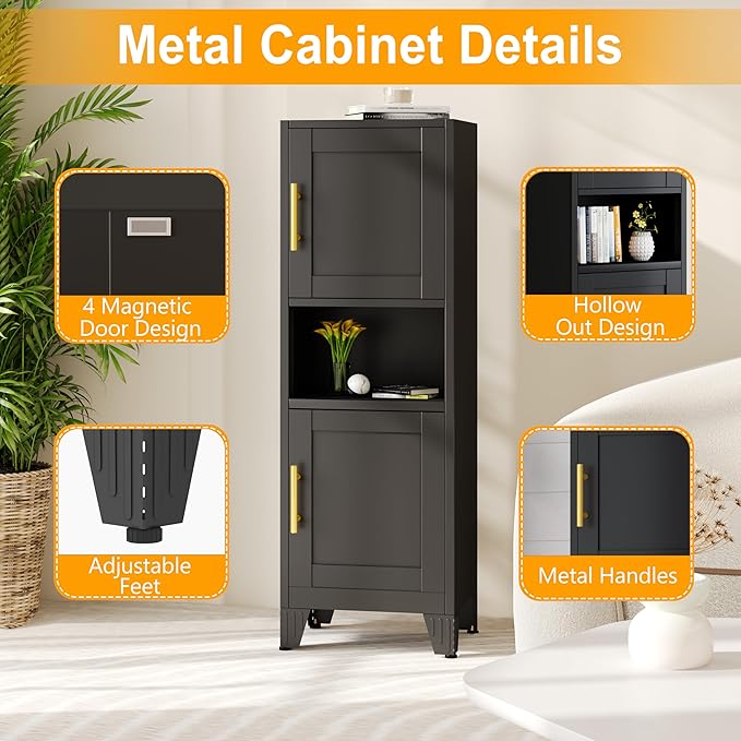 47.24" H Metal Narrow Bathroom Storage Cabinet Pantry Storage Cabinet, 2 Adjustable Shelves for Kitchen, Home Office, Living Room, Dinning Room (Black)