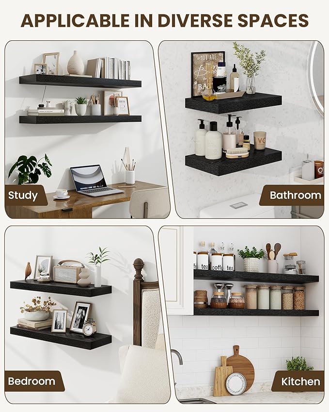 Marsmiles 16" Floating Shelves for Wall, Wooden Shelves with Invisible Brackets Set of 2, Rustic Farmhouse Wall Mounted Shelf for Kitchen Bathroom Living Room Study, Black