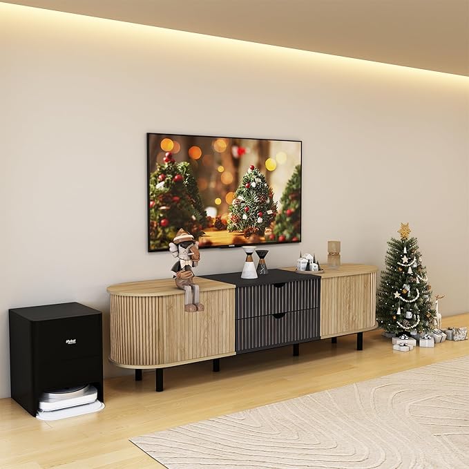 71" Tambour Door TV Stand,Wood Mid Century Modern TV Cabinet for Up to 85“ TV,Curved Edge Long TV Stand with Storage for Bedroom Living Room(Natural, 71inch)