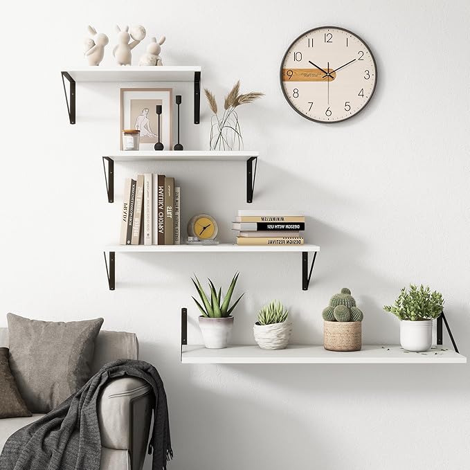 Fun Memories 27.5" W x10 D Floating Shelves, White Wall Shelf with Brackets, 10 Inch Deep Floating Shelf Set of 2, Large Storage Kitchen Living Room Bathroom Shelves, Wood Wall Mounted Shelf