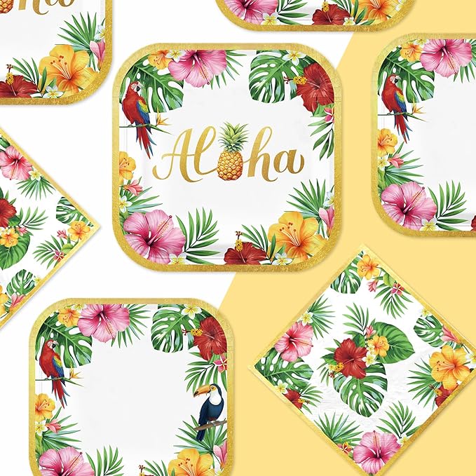 Grencian 200Pcs Hawaiian Luau Party Decorations Aloha Tropical Hibiscus Floral Luau Plates and Napkins Palm Leaf Tableware Sets for Summer Holiday Hawaiian Birthday Dinner Party Supplies Serves 50