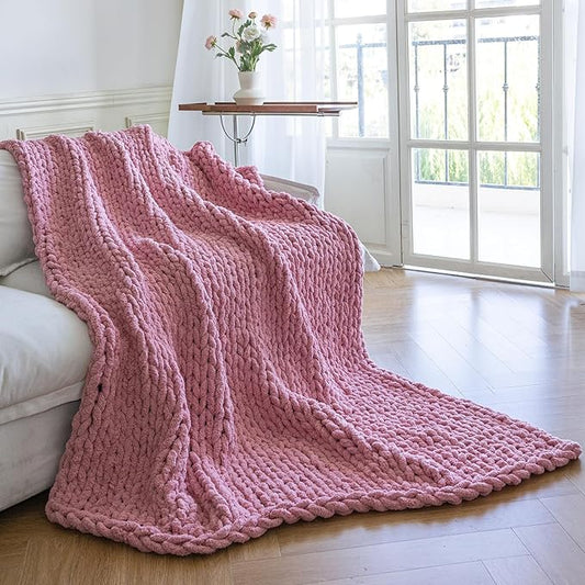 Chunky Knit Blanket - Luxury Soft Cozy 50 * 60 Throw Blanket,100% Woven Blanket Rope Knot Throw Blanket for Couch, Sofa, Home Decor, Gift - Machine Washable（Pink）