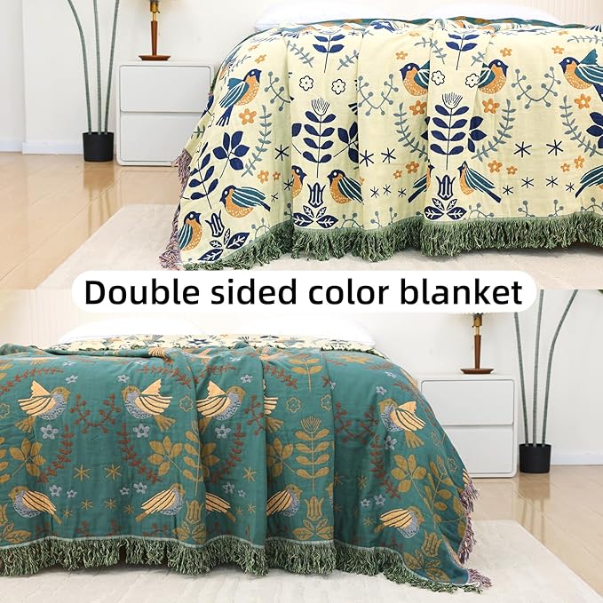 Boho Throw Blanket for Bed - 100% Pure Cotton Ultra Soft Rustic Quilt - Farmhouse Decor Bed Blankets, All Season Rustic Throw for Sofa Couch Chair(60"×80", Bird A)