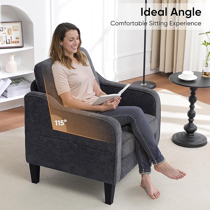 Accent Chairs Set of 2, Upholstered Living Room Chairs with Side Pockets, Mid Century Modern Reading Chair for Bedroom, Comfy Armchair Single Sofa Side Chair for Office, Small Room, Dark Grey