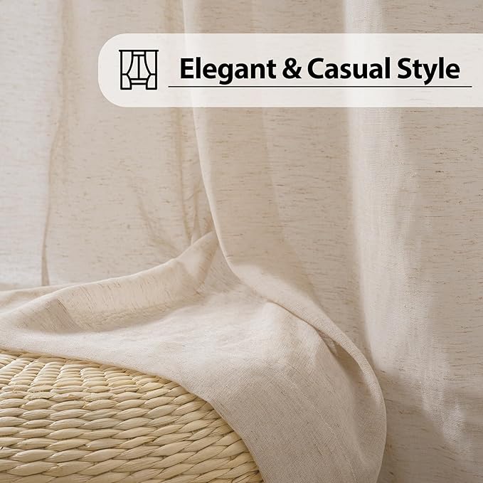 FMFUNCTEX Linen Sheer Curtains for Bedroom, Taupe Curtains 96 inches Long for Living Room, Brown Farmhouse French Flax Blend Window Draperies, Rod Pocket 2 Panels Set