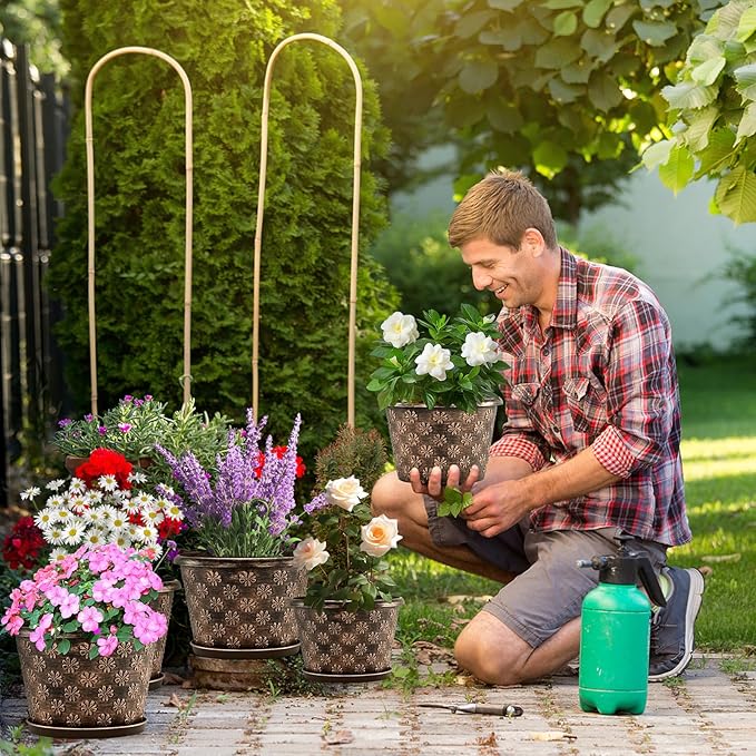 16 Inch Planter Pots for Plants, Plastic Large Flower Pots Indoor Outdoor, 4 Pack Resin Plant Pot with Drainage & Saucer, Retro Decorative Garden Pot with Removable Trays for House