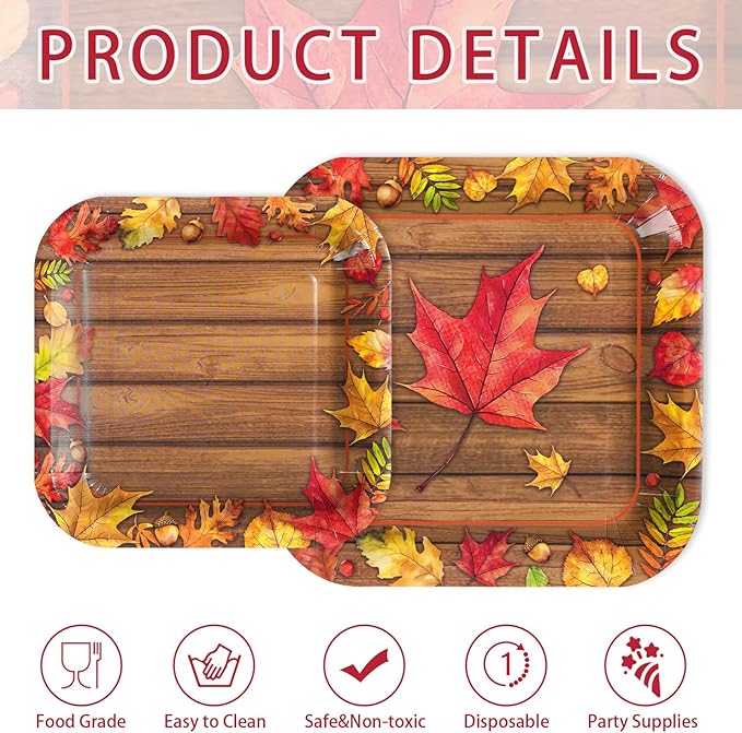 200Pcs Fall Party Decorations Watercolor Autumn Maple Leaves Paper Plates and Napkins Thanksgiving Wooden Grain Tableware Sets for Holiday Harvest Birthday Wedding Dinner Party Supplies Serves 50