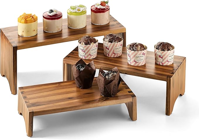 Acacia Wood Risers Display Stands Set of 3 - Wooden 3 Tier Cupcake Stand - 3 Tiered Riser for Vendors - Decorative Display Risers for Food Desserts Stand, Perfume, Funko POP at Party Wedding