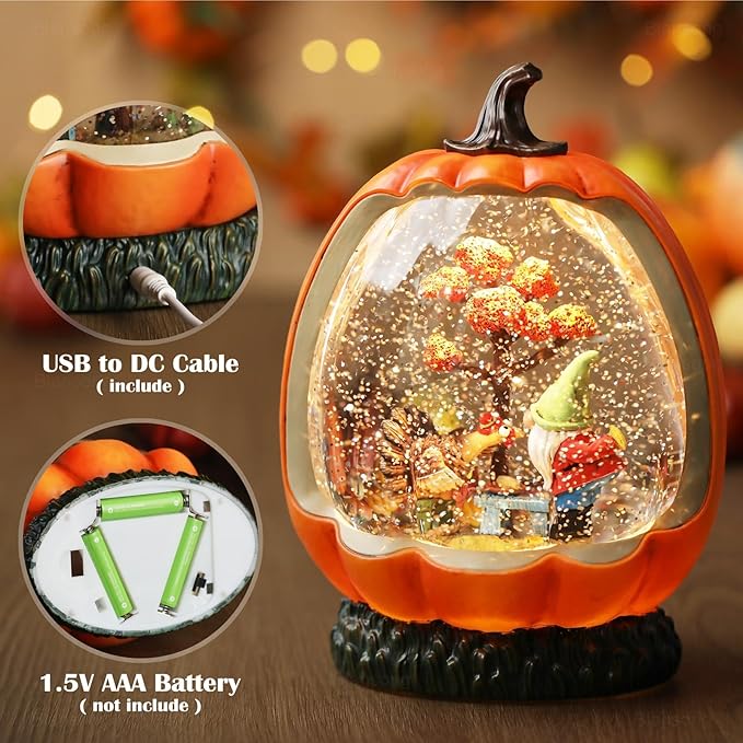 Fall Snow Globe Pumpkin Fall Decorations for Home Gnome Turkey Swirling Glitter Timer Thanksgiving Gift Autumn Harvest Fall Decor