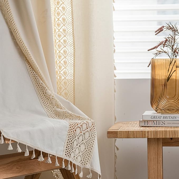 Sutuo Home Boho Curtain Crochet Dots Patchwork Semi-Blackout Bohemian Handmade Tassels, Rod Pocket Window Treatment Vintage Rustic Farmhouse Drapes for Living Bedroom, 1 Panel 59" W x 96" L, Beige
