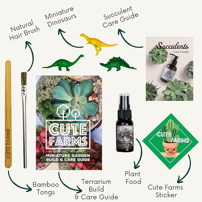 Cute Farms Terrarium Starter Kit | Moss, Vermiculite, Soil, Pebbles, Plant Food, Finishing Tools, Build and Care Guide | DIY Succulent Terrarium for Adults and Kids (Small)