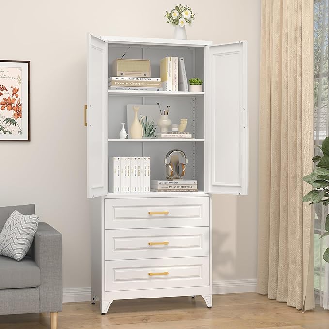 75" Kitchen Pantry Cabinet with 3 Drawer,Metal Storage Cabinets with Doors and 4 Adjustable Shelves,White Kitchen Cabinet with 2 Gold Handles,Food Cupboard for Livingroom,Pantry, Bathroom