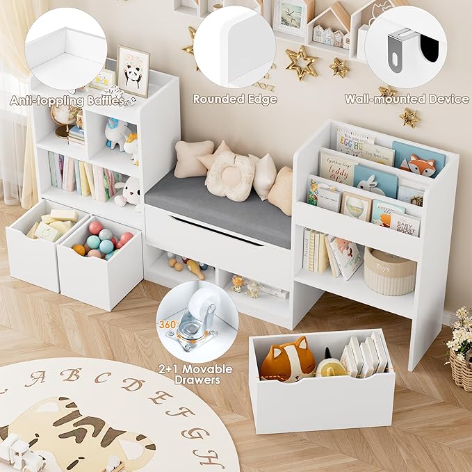 FOTOSOK 72” Kids Bookshelf with Reading Nook, Large Toy Storage Organizer with Seat Cushion and 3 Movable Drawers, Kids Reading Nook Toy Organizers and Storage with Bench for Living Room, White