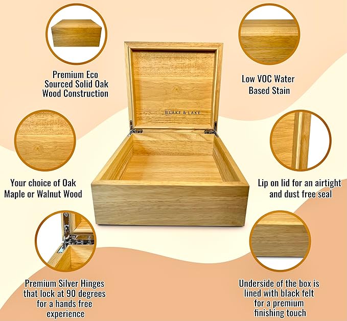 Blake & Lake Wooden Eco Box with Hinged Lid - Solid Oak Wood Storage Box with Lid - Wooden Keepsake Box - Decorative wooden boxes with lids for Keepsakes (Oak)