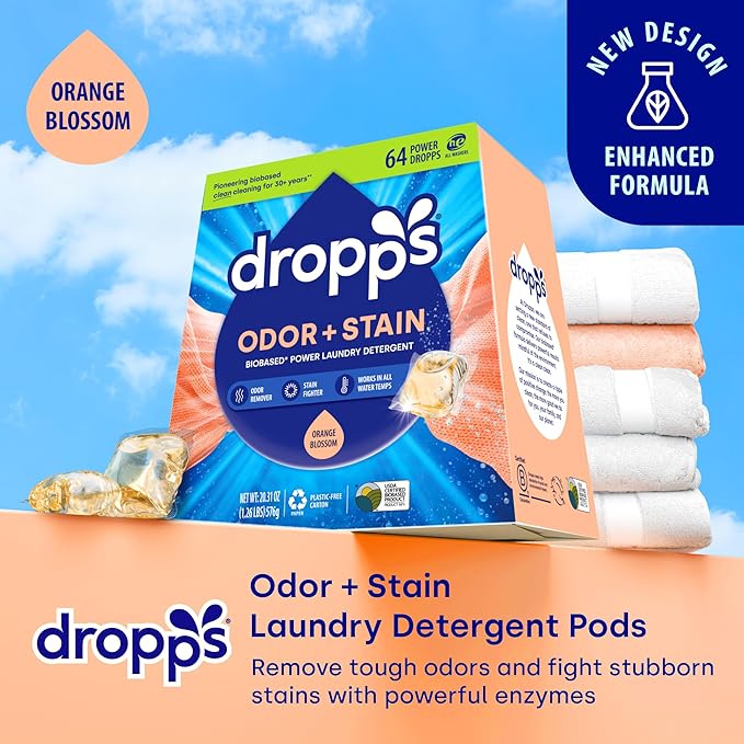 Dropps Odor & Stain Biobased Power Laundry Detergent Pods, Orange Blossom (64 Pods) - HE Compatible Laundry Pods for Fresh Clothes – Laundry Soap Supplies & Recyclable Paperboard Packaging