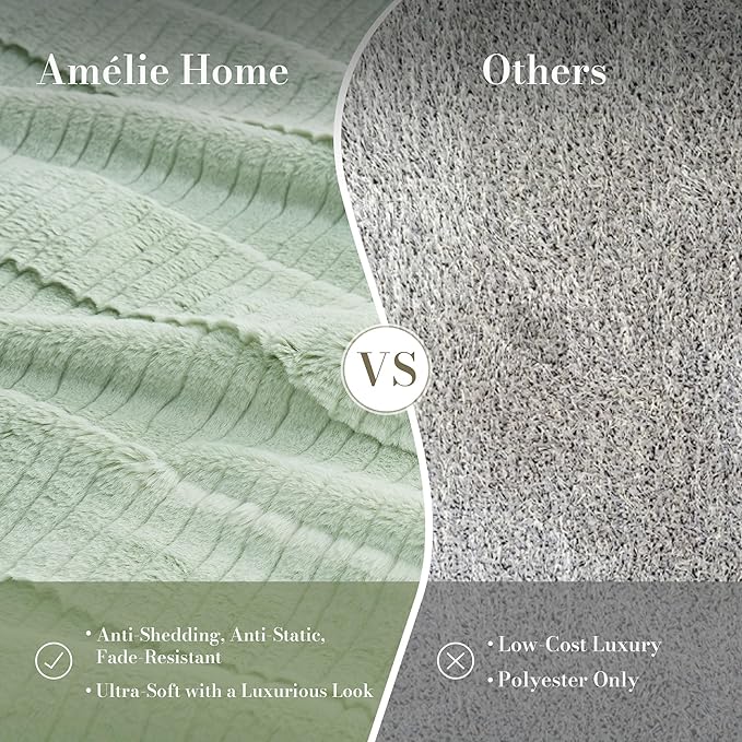 Amélie Home Luxury Striped Faux Fur Throw Blanket for Couch, Embossed Split Fur Cozy Fuzzy Fluffy Luxurious Soft Plush Sofa Chair Bed Gift Blankets for Women Men Wife Friend, 55"x70", Sage Green