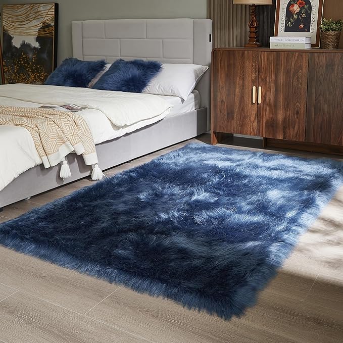 AMTOVO Faux Fur Sheepskin Rug for Living Room, 4 x 6 ft Dark Blue Fluffy Area Rug for Bedroom, Playroom, Luxury Room Decor, Rectangle