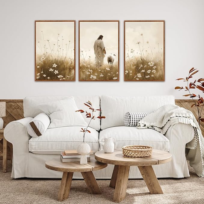 KAIRNE Jesus Framed Canvas Wall Art,Lost Sheep Wall Decor Set of 3(16”X24”),Holy Christian Art Print,Religious Scripture Pictures,Bible Renaissance Wall Painting for Living Room,Bedroom,Church Decor