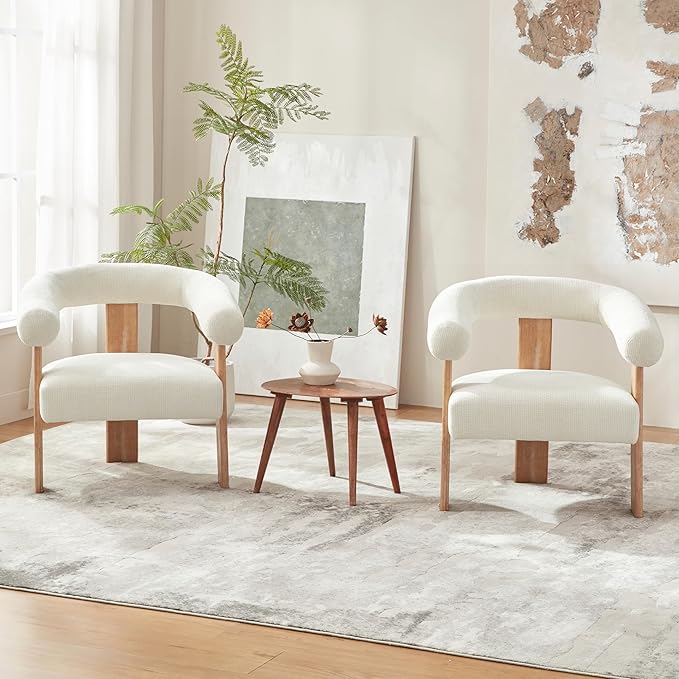 VKNOW Accent Chair Living Room Chair, Modern Upholstered Armchair with Solid Wood Legs, Comfy Barrel Arm Chairs for Living Room Bedroom, Cream