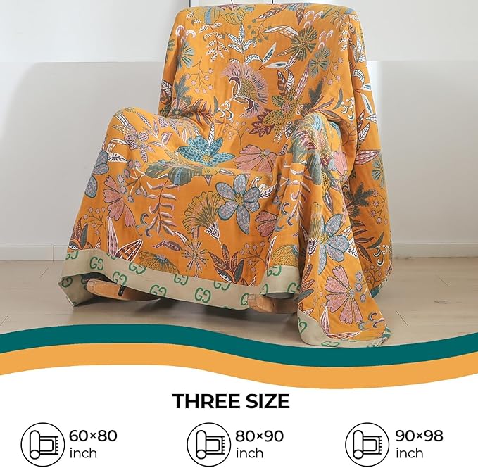 Fall Throw Blankets Reversible Luxurious Cotton Bed Throws with Vintage Bohemian Design & Yellow/Green Lightwight Floral Decor Blanket, Perfect as Bed Sofa Quilt 90" x 98"