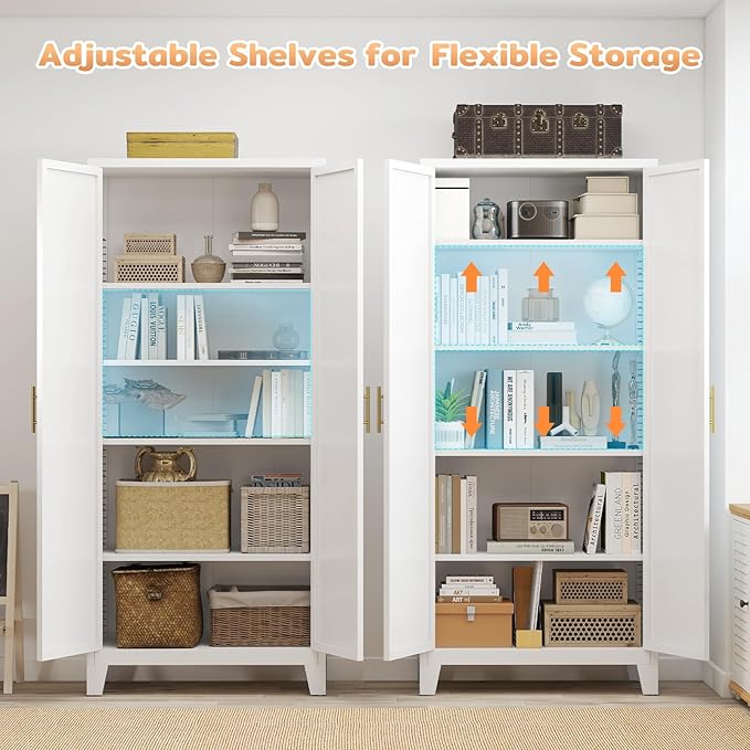 70.87" H Metal Kitchen Pantry Cabinet, Freestanding Cupboard with 2 Doors and 4 Adjustable Shelves, Tall Metal Storage Cabinet for Kitchen, Bathroom, Dinning Room or Laundry Room （White）