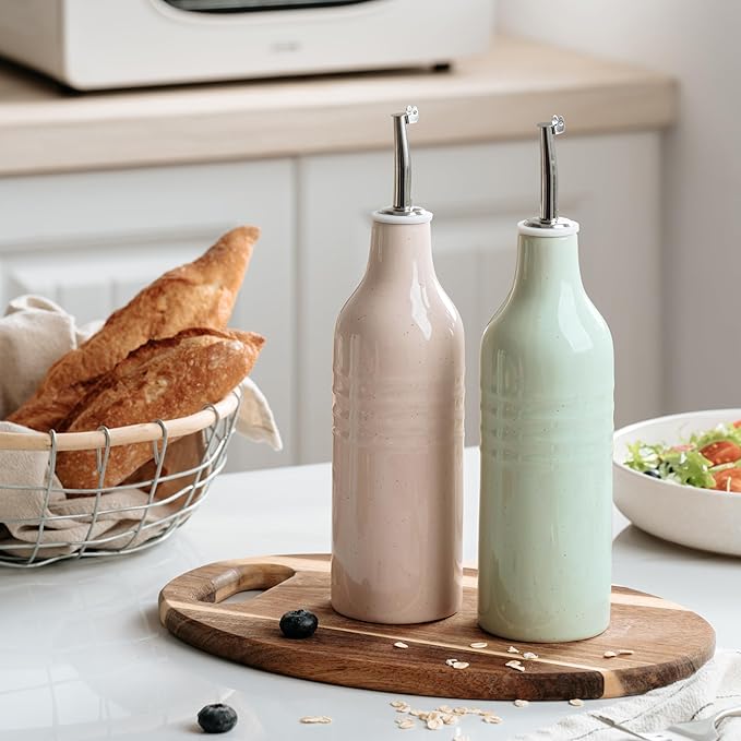 famiware Jupiter 16oz Ceramic Olive Oil Dispenser Bottle, Olive Oil and Vinegar Dispenser Bottle Set of 2 with Stainless Steel Pourers, Suitable for Storage Vinegar, Liquids, Light Pink & Light Green