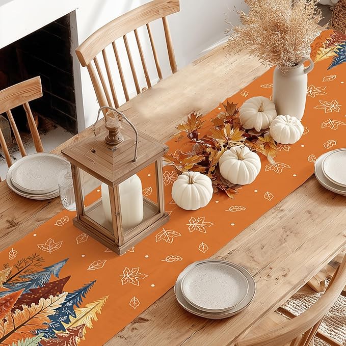 GEEORY Fall Watercolor Trees & Maple Leaves Table Runner 13x90 Inch, Rustic Farmhouse Autumn Thanksgiving Decor for Kitchen, Dining, Indoor/Outdoor Holiday Dinner Party Orange GT158-90