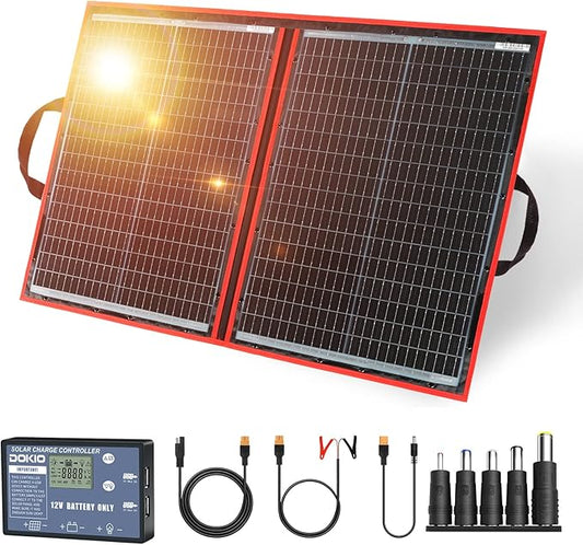 DOKIO 100W Portable Foldable Solar Panel Kit, Compact 21x28in Design 5.9lb with Standalone Controller and USB, Monocrystalline Charger for 12V Batteries, Power Stations, RV Camping Emergency Use