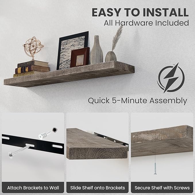 Floating Shelves Reclaimed Barnwood, 8" Deep Solid Wood Floating Shelf Wall Hanging Shelves with Invisible Heavy-Duty Metal Bracket | Wall Mounted | Farmhouse Style | 40 inches,2PCS,Grey