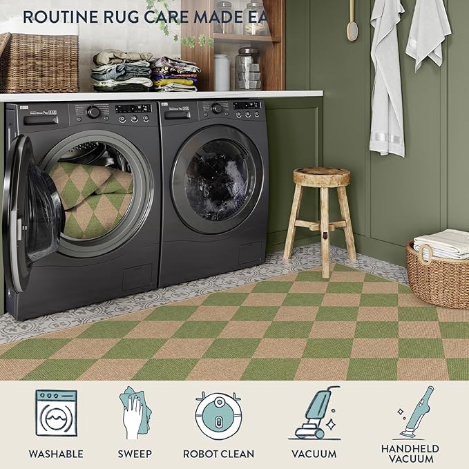Lahome Checkered Dining Living Room Rug, 8x10 Washable Indoor Outdoor Easy Jute Rug, Farmhouse Neutral Diamond Non Slip Non Shedding Floor Carpet for Sunroom Deck Classroom Office
