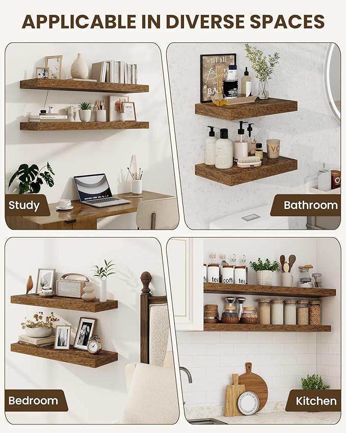 Marsmiles 24" Floating Shelves for Wall, Wooden Shelves with Invisible Brackets Set of 2, Rustic Farmhouse Wall Mounted Shelf for Kitchen Bathroom Living Room Study, Rustic Brown